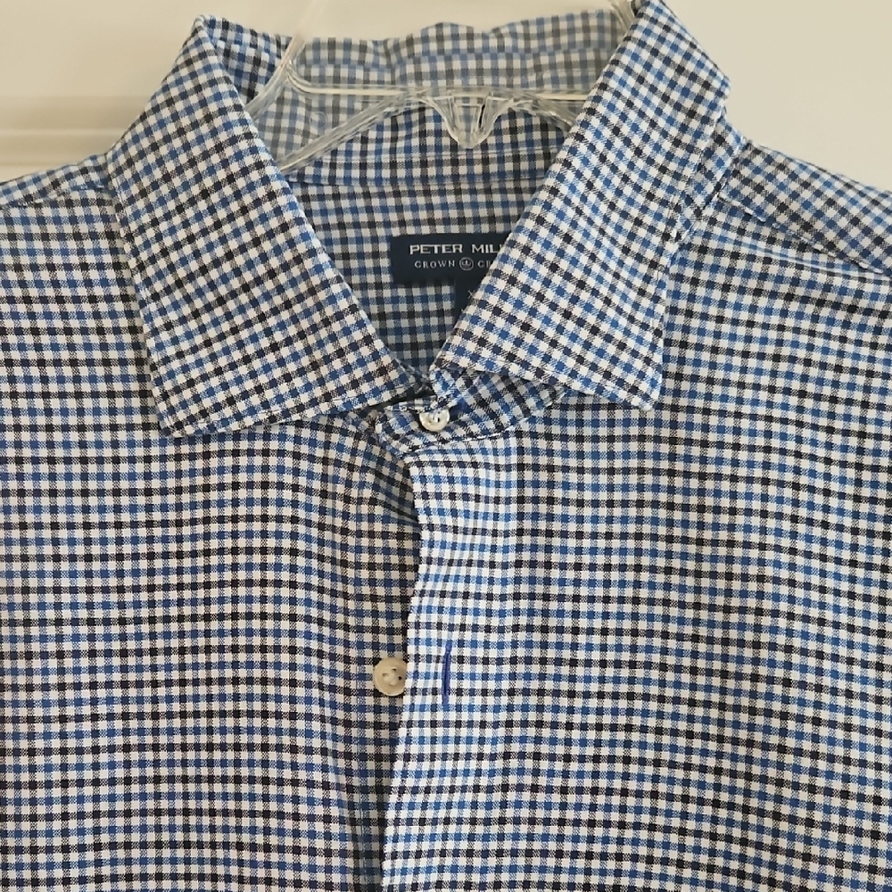 Peter Millar Navy, Blue and White Gingham Shirt, Size XL